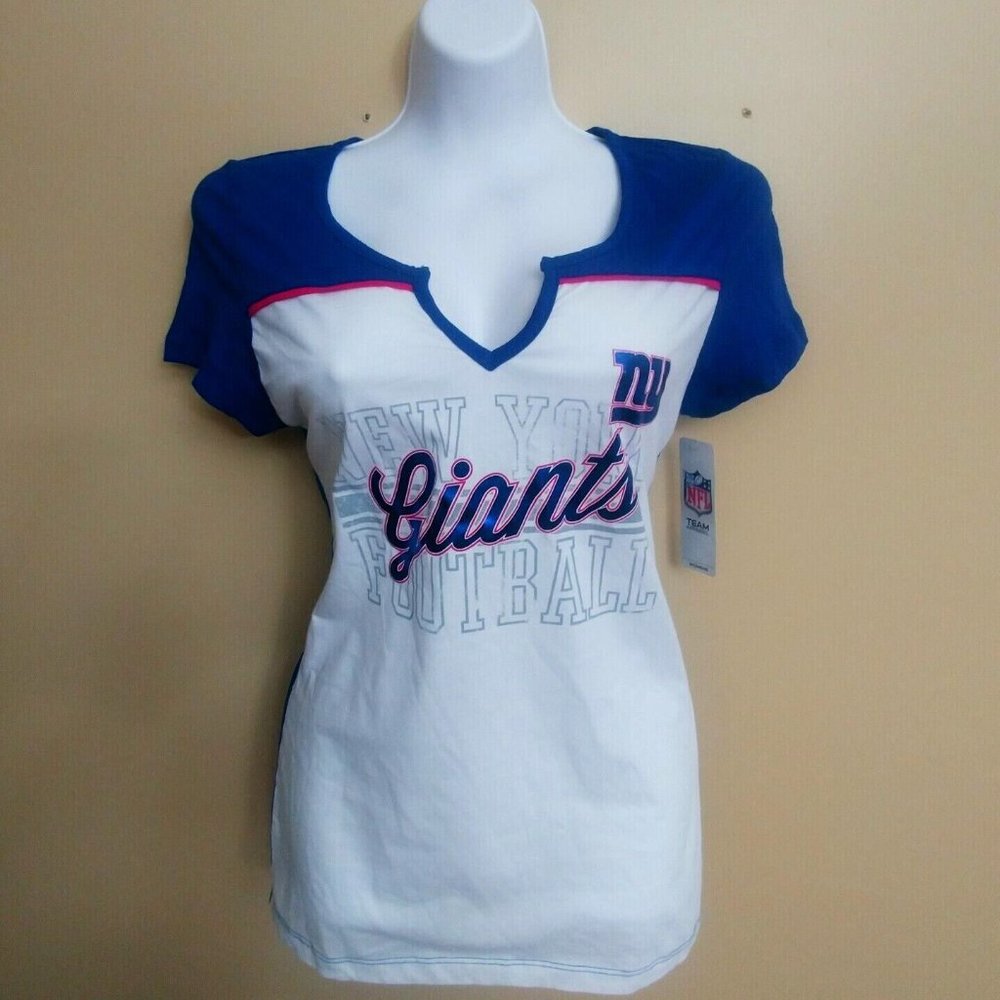 New York Giants T-Shirt White Red Blue Notched V-Neck NFL Team Apparel NWT